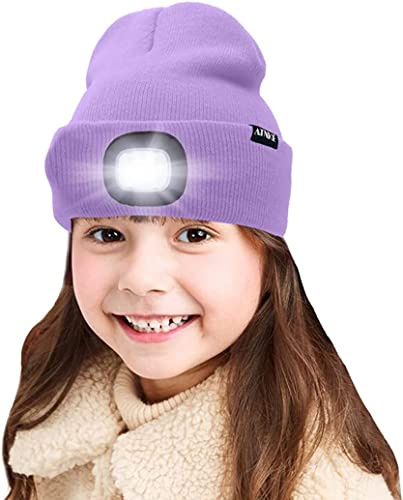 ATNKE LED-upplyst barnmössa med lampa, USB-uppladdningsbar strålkastare med 4 lysdioder, vattentäta, vintervarma stickade mössor för natten för pojkar och flickor, taro-lila