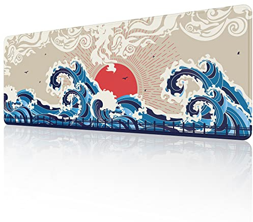 EFISH Japan Art Kanagawa Surfing Mouse Pad (31.5 × 11.8 × 0.12 inch) Extended Large Mouse Mat Desk Pad, Stitched Edges Mousepad,Non-Slip Rubber Base,Keyboard Pad,Gaming Mouse Pad XL