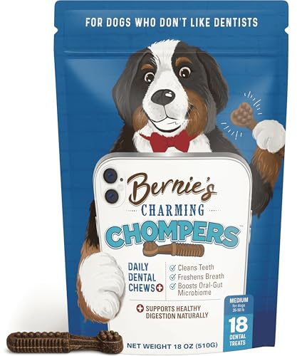 Bernie's Charming Chompers - Daily Dental Chews for Dogs 26-50 Lbs. - 18 Count - Cleans Teeth, Freshens Breath, + Boosts Oral-Gut Microbiome. Easy to Digest, Supports Healthy Digestion Naturally