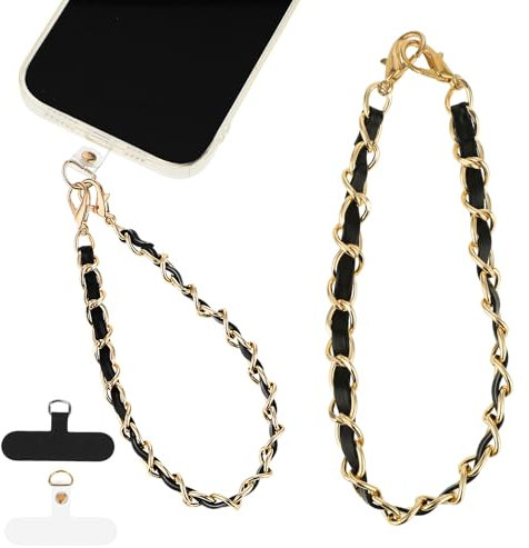 Amaxiu Cadena Corta para teléfono móvil, Correa para teléfono móvil, muñeca de Cuero y Metal, Colgante para teléfono móvil, Cadena Universal para teléfono móvil (Negro)