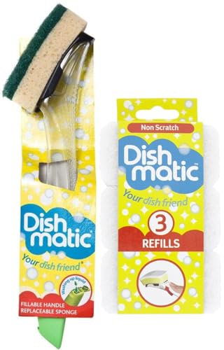 Fillable Washing up Brush [ Easy Grip Dish Cleaner] - with 3X Non Scratch Sponge Refills -Ideal for Glassware and Delicate Surfaces