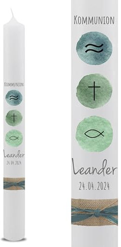 VILLA ROSA LOTTA – Personalisierbare Kommunionkerze Taufkerze „Leander“ mit Wunschdaten und Rückseite | christliche Symbole | 40 cm x 4 cm | für Jungen und Mädchen | Altarkerze elfenbein