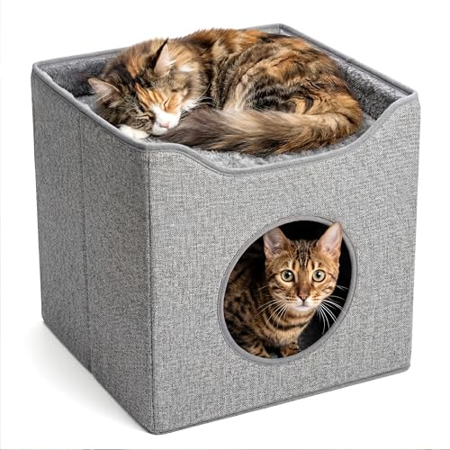 GEEZY Large Collapsible Indoor Cat House - 2-in-1 Foldable Cat Cave & Soft Lounger Bed - Stackable Hideaway Igloo for Pet Kittens