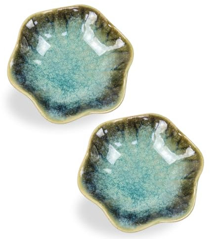 Dmnnlp Tea Bag Dish, Ceramic Spoon Rest 4.3 Inch, Flower Shape Small Bowls for Dips, Spoon Holder Kitchen, Condiment Dish, Snack Bowls, Sushi Soy Dish 2pcs (Green)