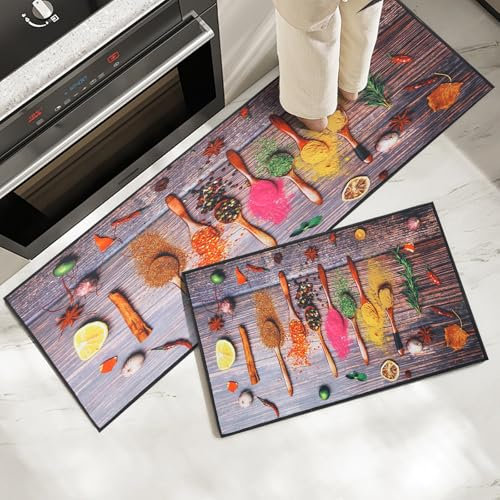 7VSTOHS Juego de Alfombras de Cocina Antideslizantes de 2 Piezas, Tapete Cocina Antideslizante Resistente al Aceite, Adecuado para Cocina, Baño, Sala de Estar, 43x75 + 43x120 cm