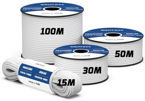 Brotree 550 Paracord 4mm 15m 100% Polyesterrep 7 Trådar Fallskärmslina Typ III Snöre Sladd för Utomhus, Camping, Hundkoppel, Överlevnad, Hantverk - 250kg Brottlast (Vit)