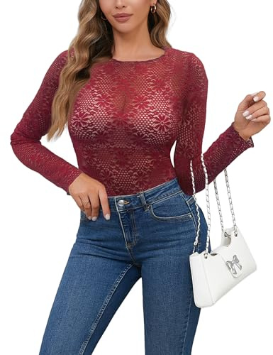 Nätöverdelar, transparent spets, nättopp, sexig nättopp, långärmad skjorta, transparent blommönster, blus, toppar, Y2K Rave outfit, Vinröd, S