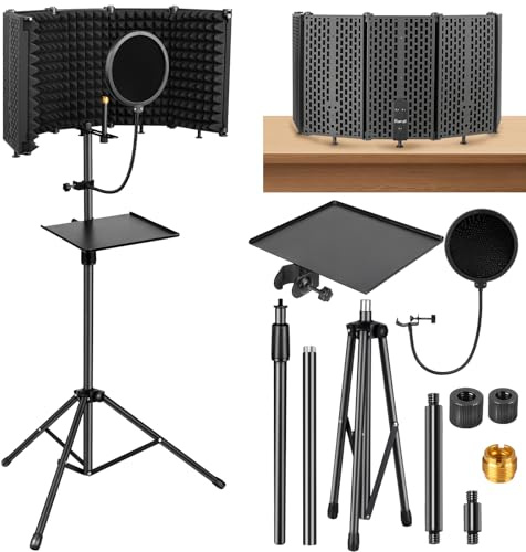 Microphone Stand With Isolation Shield,Recording Studio Equipment With Pop Filter,Tripod Stand, Foldable Mic Shield With Sound Insulation For Recording Studio, Podcasts,Broadcasting