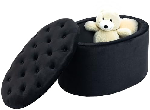 HOMCOM Panca Cassapanca Organizzazione Sgabello Ovale, Panca di Conservazione, Pouf Poggiapiedi in Tessuto Effetto Velluto, per Camera da letto, Ingresso Soggiorno, 71 x 52 x 42 cm, Nero