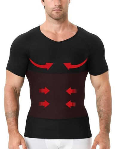 T-shirt de compression pour homme, col en V, amincissant, manches courtes, pour le contrôle du ventre (FR/ES, Alpha, M, Regular, Regular, Noir)