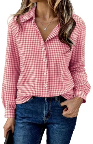 Aottori Donna Camicia Quadri Cotone con Bottoni Camicie Elegante Scollo a V Oversize Maniche Lunghe Maglietta Casual per Oktoberfest Blusa Rosa S