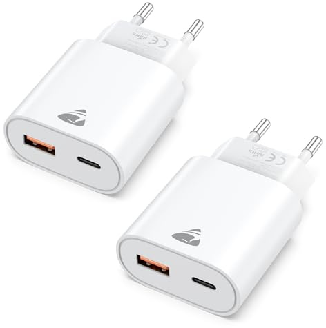 Aioneus Cargador USB C, 2pack 20W Cargador iPhone Carga Rapida PD 3.0, Enchufe USB 2-Puertos (USB-C y USB-A), Múltiple Adaptador Cargador Tipo C para iPhone 17 16 15 14 Pro MAX, Samsung S26 S25 S24