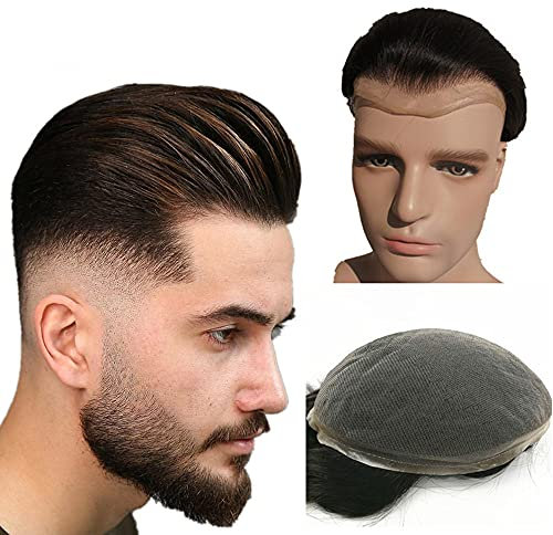 Echthaar Toupet für Männer, NLW Herren Toupet Echthaar Ersatzsystem Europäisches Echthaar Perücke natürliche atmungsaktive Schweizer Spitzenhaarteil Echthaarperücken für Männer 10x8 (#2 Tiefbraun)