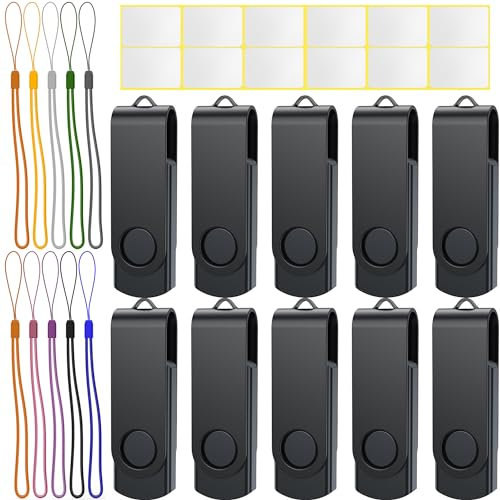 Uflatek USB Stick 16GB USB 2.0 Memory Stick Thumb Flash Drive 10 Pack Rotate USB Memory Sticks Black Metal Pen Drive USB Flash Drive with Tag and Lanyard for Computer Laptop