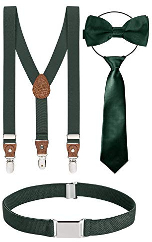 BomGuard Set di 4, Bretelle per bambino + papillon + cravatta + cintura, verde scuro