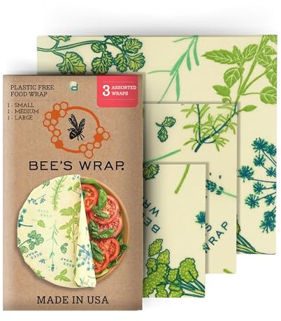 Bee's Wrap Vegan Beeswax Wraps for Food - Vegan Herb Garden 3 Pack (S, M, L) Made in USA Reusable & Organic Food Wraps, Sandwich Wrap & Bowl Covers - Eco Alternative to Aluminum Foil & Plastic Wrap