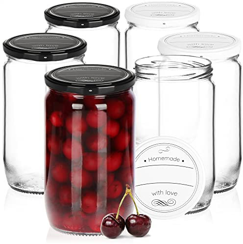 com-four® Tarros de conserva 6x con tapa de rosca Homemade with love blanco y negro-Hasta Ø 82 mm-Hasta aprox. 720 ml
