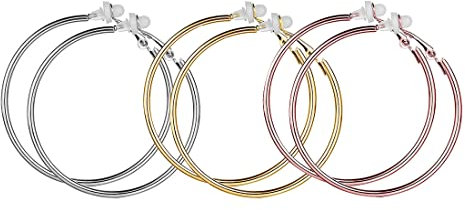 3 Paar Ohrclips, großes Creolen-Set, nicht durchbohrte Damenohrringe, Hypoallergene Damenohrringe aus Vergoldetem Roségold und Silber（7cm）