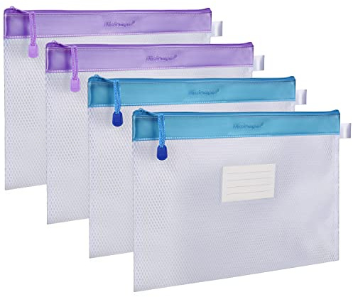 Wisdompro A4 Zip Wallets Folder, PVC Thick Waterproof Zip Lock Bags, Mesh Document File Pouches Folders with Label Pocket for School Office Household Travel Supplies (2 Pack Blue 2 Pack Purple