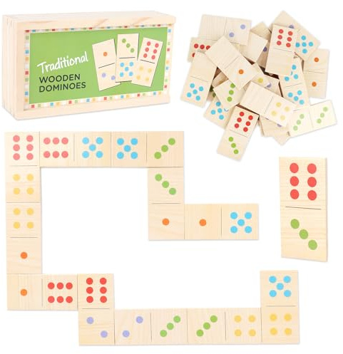 Lotvic Wooden Dominoes Set, 28 Pieces Dominoes for Children, Portable Kids Dominoe with Storage Box, Tabletop Number Matching Game, Classic DominoesSet for Kids Boys and Girls