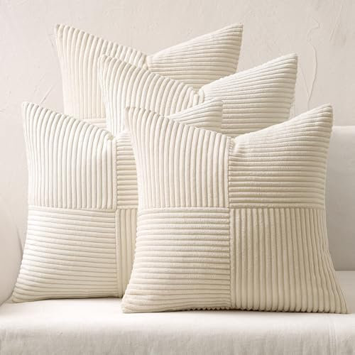 MIULEE 4er Set Kordsamt Kissenbezug Weihnachten Patchwork Kissenhülle Weich Dekokissen Modern Unsichtbarer Reißverschluss Sofakissen Zierkissen für Sofa Wohnzimmer Schlafzimmer Beige 45x45 cm