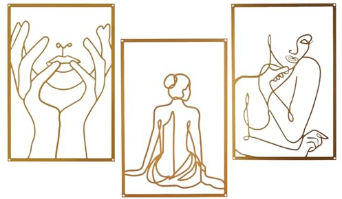 Huspox 3 Piece Metal Minimalist Wall Art, Female Framed Wall Decor for Bedroom Living Room Bathroom (Golden)