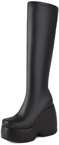 Asterisco Donna Zeppa Stivali Alti con Plateau Tacco Alto Stivali Punta Rotonda Senza Chiusura Stivali Elasticoizzati, M89190Er Nero Numero 36 EU