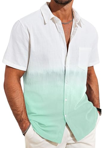 Beotyshow Chemise dégradée à manches courtes pour homme - En coton - Chemise hawaïenne boutonnée - Chemise de loisirs - Été - Plage, Vert menthe., L