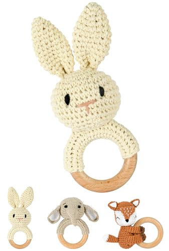 OFFCUP Baby Rattle, Wooden Crochet Animals Baby Soft Rattle Sensory Toys, Handmade Toddle Rattle Grasping Toy for Toddler 0 3 6 9 12 Month Infant Boys Girls Gift (Rabbit)