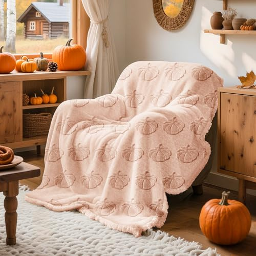 Lanpn Beige Kuscheldecke, Extra Weiche Jacquard Decke, 3D Kürbis Plüschdecke aus Polyester für Sofa/Couch/Bett, Wohndecke mit Reliefmuster Leichte Sofadecke Dekorative Überwurfdecke, 130x150cm