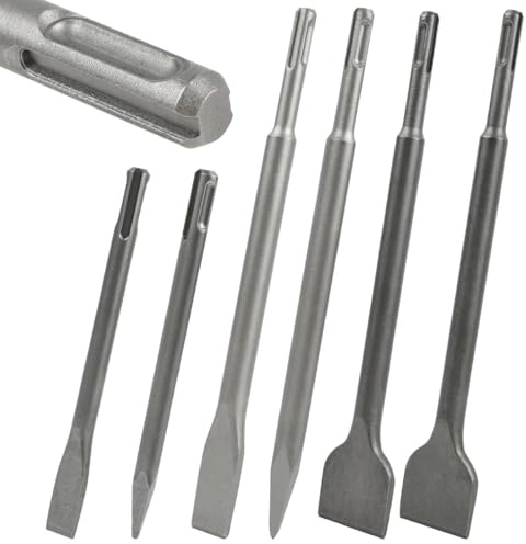 6PCS Burins SDS-Plus Poignée Ronde Burin SDS MAX Ciseaux à Béton Carrelage Pierre Maçonnerie 40CR Poignée Ronde Burin Plat SDS pour Perforateur Burineur, Accessoires pour Marteau Burineur