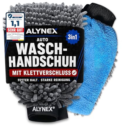 ALYNEX® Premium Auto Waschhandschuh 3in1 mit Klettverschluss – Mikrofaser Waschhandschuh Auto mit Insektennetz – Lackschonend, Kratzfrei & Saugstark – Autopflege Zubehör für gründliche Auto Reinigung