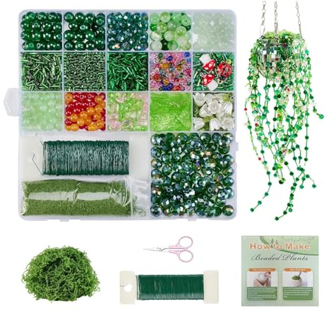 Jafaharug Grün-Set di Perline in Vetro per Piante Eterne – Kit Fai-da-Te per Succulente e Decorazioni Floreali con Perline a Forma di Foglia, Tulipano e Coccinella (Inclusi Filo di Fiori e Muschio)