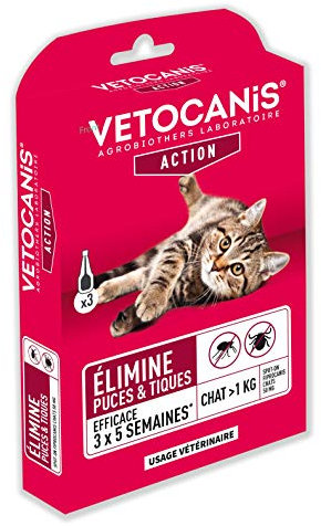 Vetocanis | Pipetta gatto anti pulci e zecche | Trattamento e protezione contro i parassiti gatto | Efficace 15 settimane | Per gatti più di 1 kg | Confezione da 3 pipette