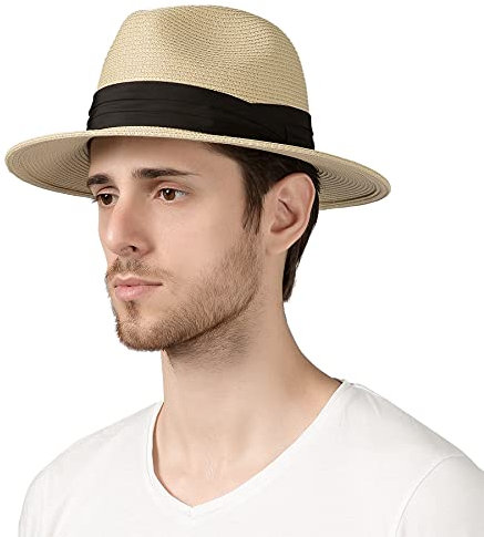 Lanzom Herren Wide Brim Straw faltbare Roll Up Hat Fedora-Sommer-Strand Sonnenhut Faktor 50+ Einheitsgröße Style B-beige