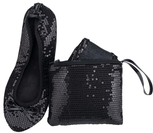 Women's Foldable Ballet Flats, Travel & Wedding Shoes, Fit in Your Purse (XL, Black Sequin)