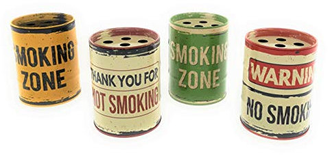 MC-Trend 4er Set Metall Aschenbecher im Retro Ölfass Design – Vintage Style Windaschenbecher mit Deckel für Innen & Außen – Ø 7,5 cm – Bunt & Beschriftet – abnehmbarer Deckel, leicht zu reinigen