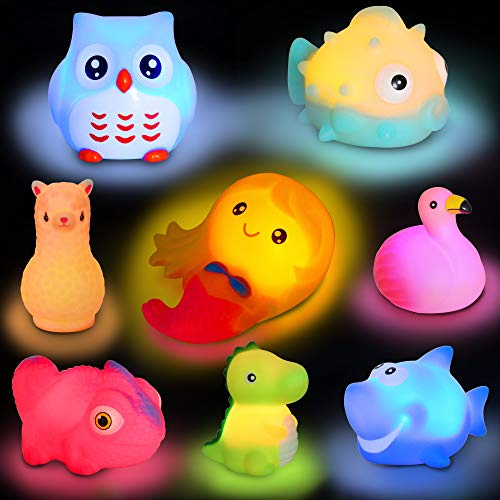 yoliyogo Jouet flottant en forme d'animal avec clignotant automatique pour l'apprentissage précoce - 8 pièces - Dinosaure, requin, douche, jouet cadeau pour enfants et animaux domestiques