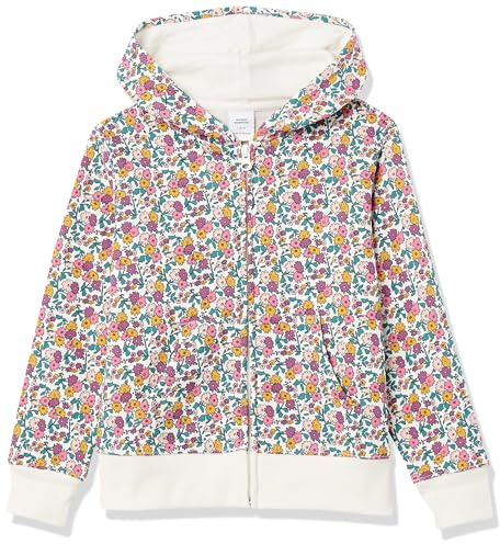 Amazon Essentials Sweatshirts à Capuche en Polaire avec Fermeture Éclair Fille, Blanc Jaune Floral, 11-12 ans