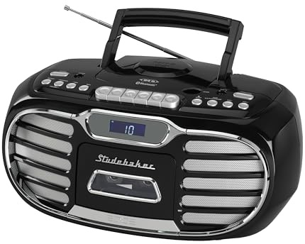 Studebaker Retro Edge Big Sound Bluetooth Boombox with CD/Cassette Player-Recorder/AM-FM Stereo Radio (Black/SB2150B)