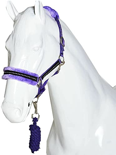 Horse Master Fluffy Headcollar and Leadrope Set - Diamante Soft Fur Padded Halters for Horses - Super Flexible and Adjustable Pony Controller Equipment for Training and Outdoor Riding (Pony, Purple)