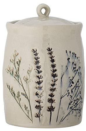 Bloomingville Bea Gefäß mit Deckel aus Steingut in dekorativen Naturfarbtönen und handbemaltem Blumenmotiv - ideal als Vorratsdose und Behälter in deiner Küche, 12 x 20,5 cm