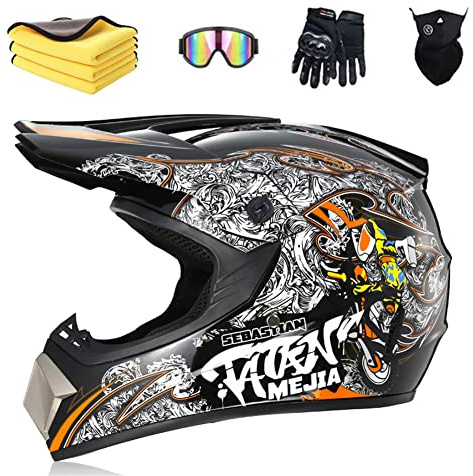 Ruiqieor Casque Moto Casque Cycliste Pour Enfants,Garçon Et Fille Scooter De Ski VTT Casque,Convient Pour Toutes Les Saisons Lunettes Avec Gants (grey orange,S(52-56cm))