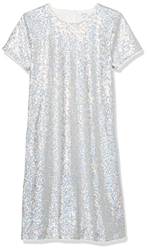 Calvin Klein Girls' Sleeveless Party Dress, Fit and Flare Silhouette, Round Neckline & Back Zip Closure, Silver Sequin, 12