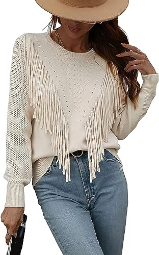 Leyoutx Pull décontracté à col rond et franges en crochet à manches longues pour femme, abricot, Taille L