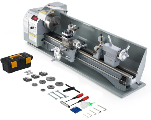 CREWORKS 1100W Torno de Metal, 220X750MM Torno para Metal de Sobremesa con Máx. Velocidad 3000 RPM, Torno de Metal con Pantalla Digital para Torneado de Metales para Roscar, Tornear