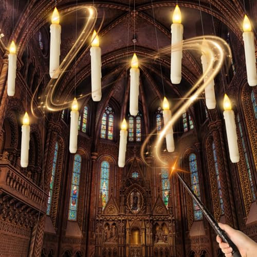 TOKIISHE 12 Pezzi Candele a LED Galleggianti, Floating Candles Sospese con Telecomando a Bacchetta Magica, calda candela conica gialla senza fiamma per la decorazione di matrimoni in casa e in chiesa