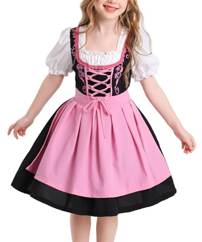 FYMNSI Kids Girls Oktoberfest Dress Traditional Bavarian Oktoberfest Costume Toddler Ruffle Dirndl Dress With Maid Apron 2PCS German Beer Festival Outfits Halloween Dress Up Clothes Pink 4-6T