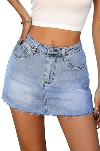 ELLEVEN Jean Skirt for Women Jean Mini Skort Shorts Underneath Y2k Casual Raw Hem High Waisted Low Rise Stretch Cotton A Line Button Short Skirts with Pockets Summer Trendy Blue Denim Medium