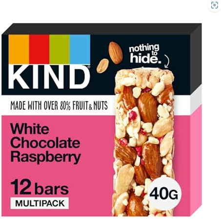 KIND Bars, White Chocolate Raspberry, Healthy Snack, Gluten Free Snack Bars, No Artificial Colours, Flavours or Preservatives, Multipack 12 x 40g